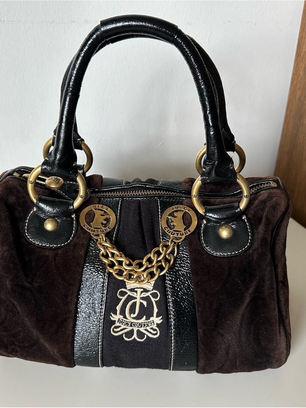 Vintage Juicy Couture Dark Brown Suede Satchel with Black Trim and Gold Hardware